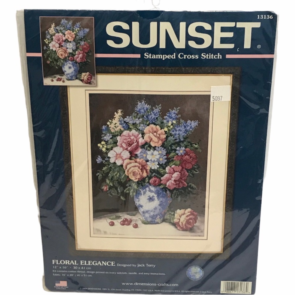 Sunset FLORAL ELEGANCE Stamped Cross Stitch Kit Roses Blue Delft Vase #13136 NOS